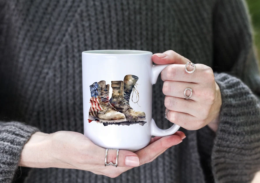 Military Combat Boots Watercolor Flag 15oz Coffee Mug - Image 3
