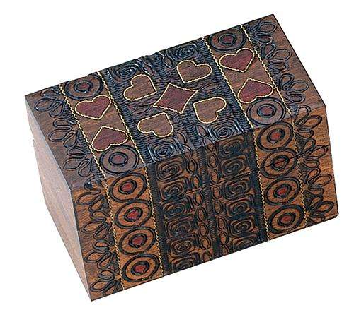 Ornate Hearts & Diamond Wooden Box Brass Inlay - Holds 2 Decks of Playing Cards