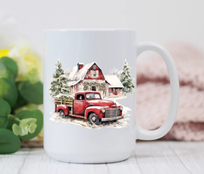 Red Truck Christmas Farmhouse Holiday 15oz Coffee Mug - Image 2
